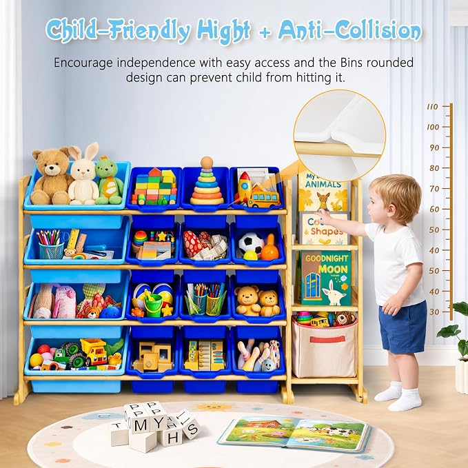 Kids Toy Storage Organizer with Bookshelf – Wooden Shelf with 16 Bins & 3 Shelves, Quick Assembly Storage Rack for Playroom, Bedroom, Nursery - Blue - Image 4