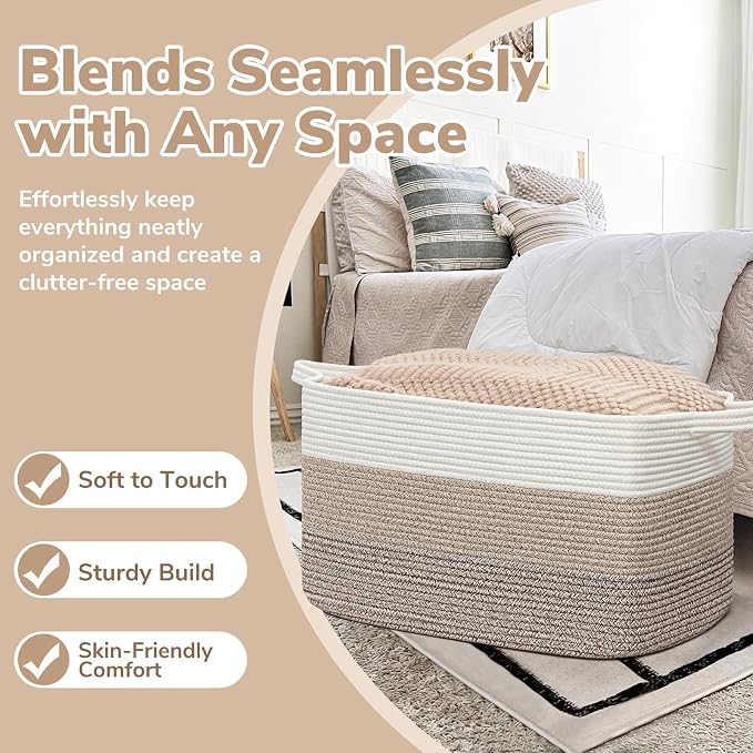 Goodpick Large Woven Rope Blanket Basket, Rectangle, Light Brown | 21.6'' x 14.9'' x 11.8'' Storage Basket for Toys, Blankets & Clothes, Living Room & Nursery Organization, Reinforced Handles - Image 5