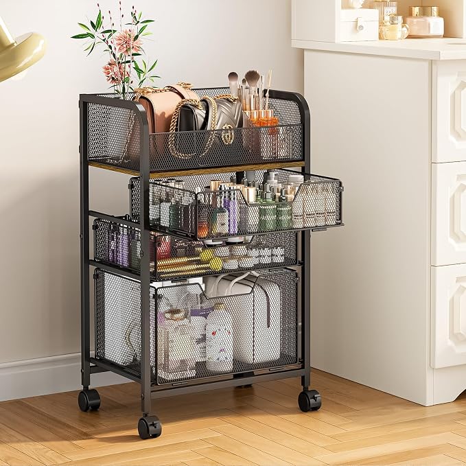 4-Tier Rolling Utility Cart with 3 Drawers-Craft Organizers and Storage with 360° Lockable Wheels,Art Supply Storage Organizer for Art Supplies, Store for Brushes & Paints & Artifacts Patent Pending - Image 9