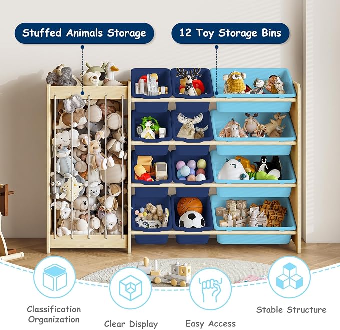 EXPERLAM Kids Toy Storage Organizer, 2-in-1 Stuffed Animal Storage & Toy Organizer w/12 Bins, Solid Wood Toy Rack Featuring Thicker Elastic Ropes, Playroom Nursery Bedroom Storage, Blue - Image 5