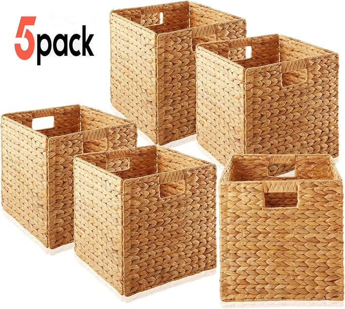 5Pack Woven Shelf Baskets, 10.5'' Water Hyacinth Handmade Open Storage Bins, Light Brown Pantry Baskets Organization Basket Foldable Storage Bins for Bedroom, Cubby Cubes Wicker Basket with Handles - Image 2