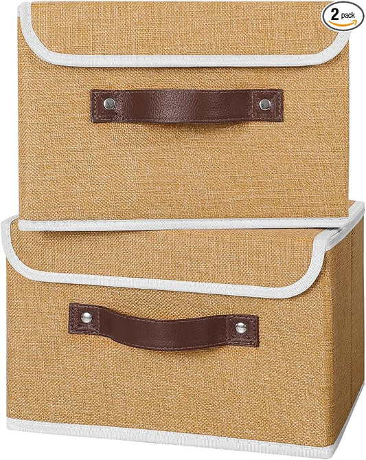 ANMINY Fabric Storage Box Bins with Lids, Khaki, 10"x8"x7", 2 Pack | Keepsake Memory Storage, Cotton Linen, PP Board Reinforced, Washable, PU Handles, Foldable & Stackable, Decorative, Small by ANMINY