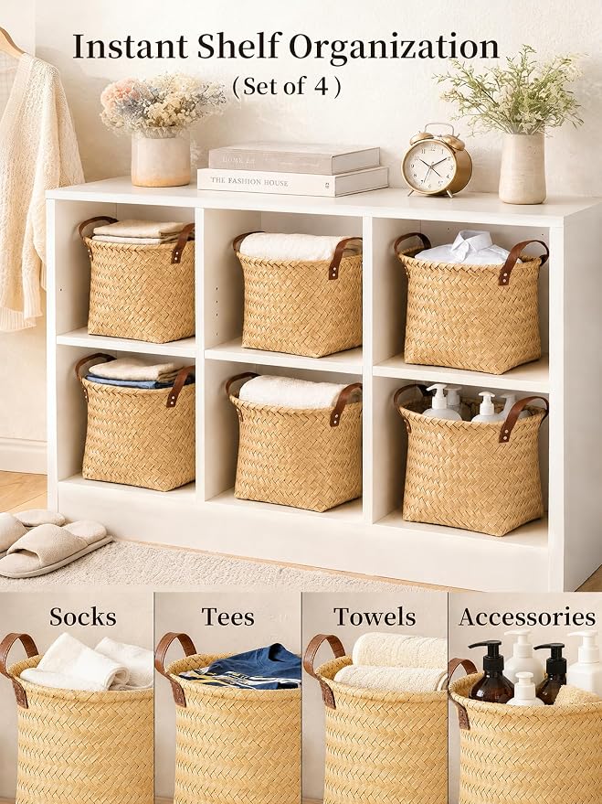 Wicker Storage Baskets, 4 Pack Woven Baskets for Shelves, Yellow | PP Rattan, Water-resistant Wicker Basket, Large Baskets with Faux Leather Handles for Blanket, Laundry Organizer, Room Decor - Image 3