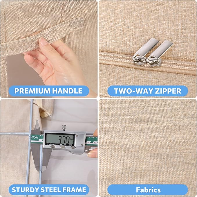 CYhom Clothes Storage Bins Box - Linen Fabric Foldable Stackable Container Organizer Set with Clear Window & Carry Handles & Metal Frame - 2Pack Large Capacity for Bedding, Blankets, Books - Image 4