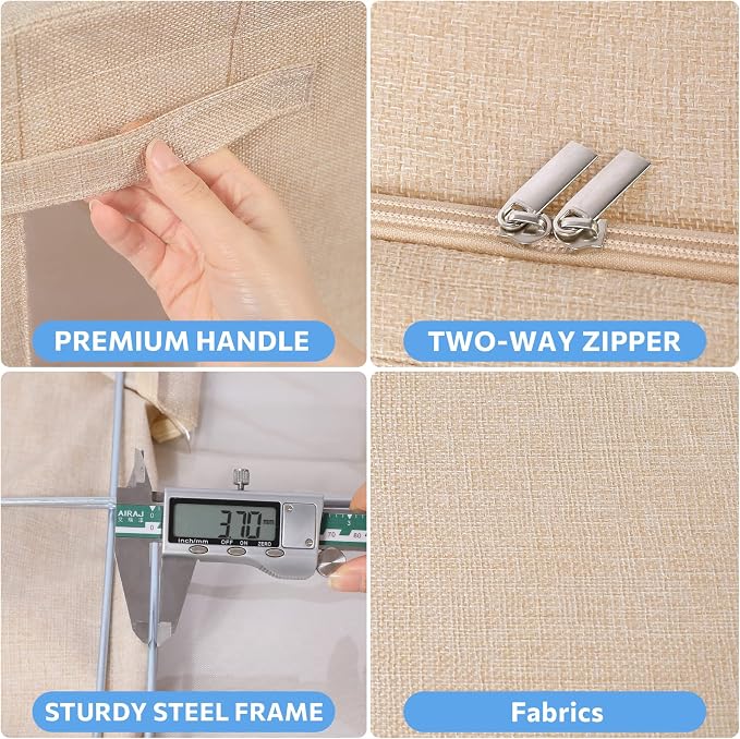 CYhom 3Pack Foldable Storage Bins - Frame Storage Box Linen Fabric Stackable Clothes Container Organizer with Clear Window & Carry Handles Large Capacity (Medium-36L, Beige) - Image 4