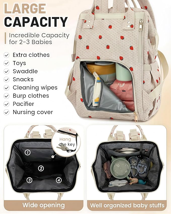 Corduroy Diaper Bag Backpack, Large Capacity Multifunction Baby Diaper Bags for Women, Insulated Bottle Pockets & Pacifier Case, Stylish Travel Nappy Changing Bags for Mom Dad (Strawberry) - Image 4