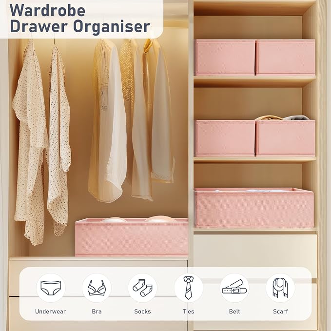 DIMJ Drawer Organiser System Drawer Organiser - Pack of 12 Storage Box Fabric Foldable Underwear Wardrobe Organiser for Clothes, Socks, Ties, Pink - Image 4