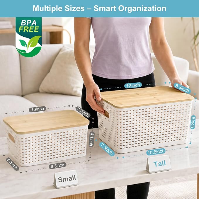 Small Plastic Storage Bins with Bamboo Lids 5.2qt Stackable Box Basket Pantry Decorative Containers Cute with Labels for Organizing Desktop Closet Office Cream White of 6 packs 10*7.2*4.1" - Image 9
