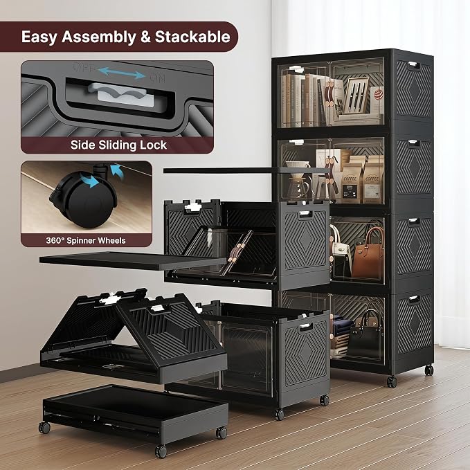 Stackable Storage Bins with Lids, 440QT Lockable Storage Cabinet | Closet Organizers, Foldable Storage Box with Doors and Wheels, Plastic Drawers for Home, Garage, Office (4, Black, Plus) - Image 4