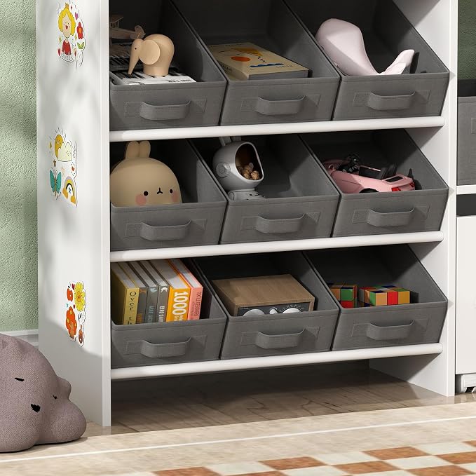 Qaba Toy Storage Organizer with 6 Shelves and 11 Fabric Bins, White | Moveable Toy Storage Cabinet, 3 Stickers, Kids Bookcase, Nursery, Playroom, Bedroom - Image 8