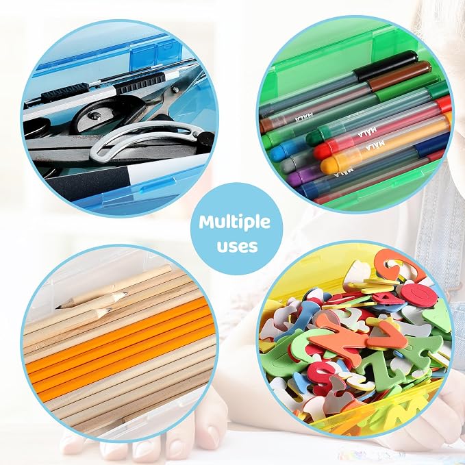 Outus 5 Pcs Plastic Pencil Box Large Crayon Maker Box with Snap Lid Plastic Pencil Case Office Supplies Organizer for Craft Painting Brush (Pink,Yellow,Green,Blue,Clear) - Image 6