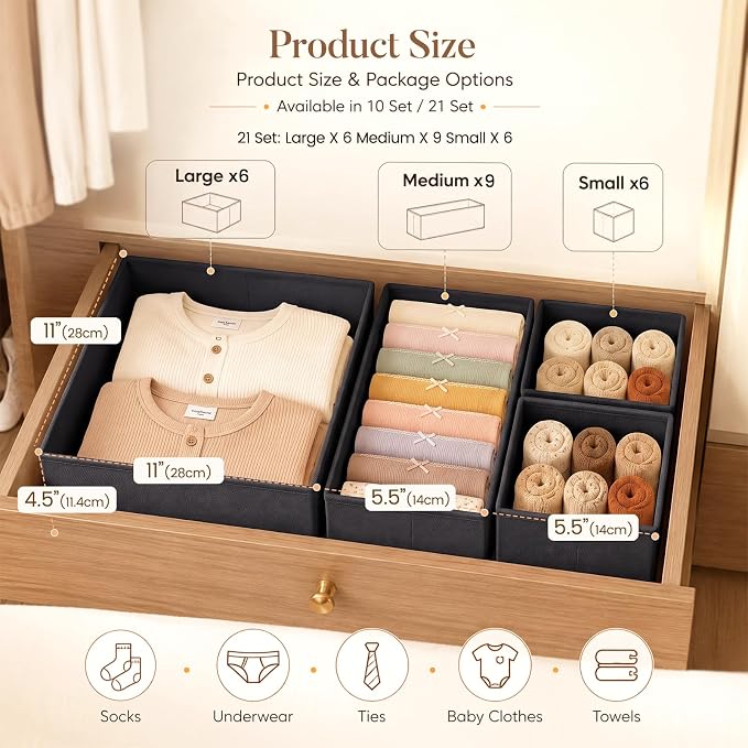 Drawer Organizer Clothes 21 Pack Washable Fabric Closet Storage Bins Flat Bottom Board Dresser Dividers for Bedroom Wardrobe Nursery Clothes Socks Underwear Bins, Black - Image 2