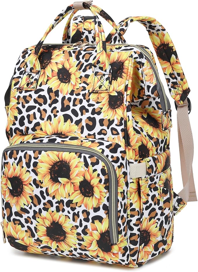Leopard Sunflower Baby Diaper Bag Backpack for Girls Boys, Waterproof Large Maternity Nappy Bags for Mom by Xunteny