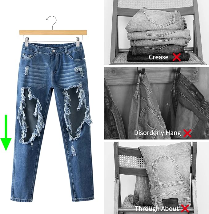 Nature Smile Deluxe Wooden Pants Hangers,Solid Lotus Wood Jeans Skirt Hanger with Clips Anti-Rust Hook Pack of 28（Natural） | Solid Wood Bottom, Jeans Hanger, Skirt Hanger, 2-Adjustable Clips - Image 4