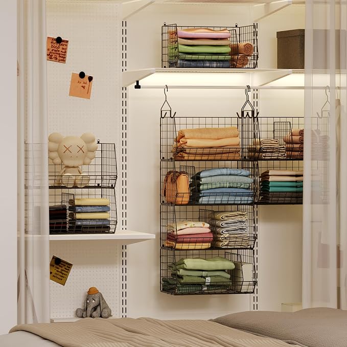 Jautokerdar 4 Tier Hanging Closet Organizer with Dividers,Extra Large Storage Hanging Shelf with 5 S Hooks 4 Dividers,Hang on Wire Closet Shelving Clothes Organizer-Black - Image 2