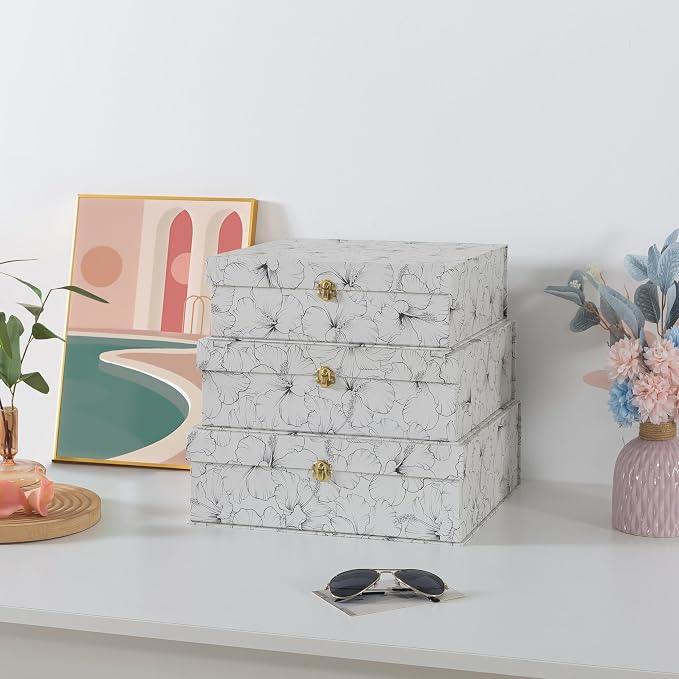 Soul & Lane - Black and White Floral Boxes with Gold Hardware, Set of 3 | Large Stacking Keepsake Boxes with Lids for Home Decor and Organizing, Elegant Cardboard Memory Storage Trunks - Image 3
