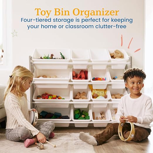 ECR4Kids 4-Tier Organizer with 16 Removable Plastic Bins, 4x4, Toy Storage, Grey/White | Durable plastic bins, MDF panels, steel frame, GREENGUARD Gold Certified, 60 lb capacity, anti-tip kit, playroom/classroom - Image 4