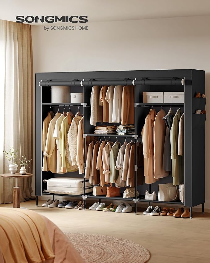 SONGMICS Portable Closet, Fabric Wardrobe, Clothes Rack with Shelves, Pockets, Large Capacity, 4 Hanging Rods, 74.4 x 17.7 x 70.9 Inches, Black URYG011BZ02 - Image 2