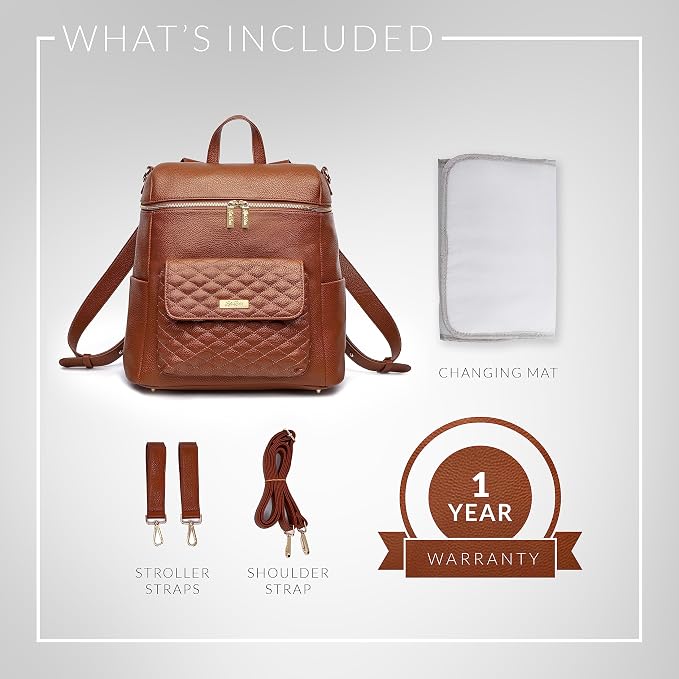 Monaco Large Diaper Bag Backpack by Luli Bebe - Designer Modern Vegan Leather Stylish Baby Backpack Diaper Bag for Mom, Multipurpose, Roomy, with Changing Pad (Caramel Brown) - Image 8