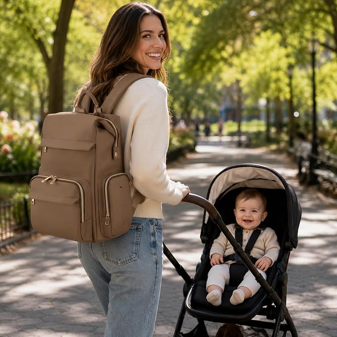 Large Capacity Diaper Bag Backpack with Changing Pad, Waterproof Baby Travel Backpack for Parents-Khaki - Image 3