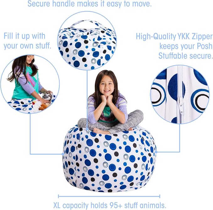 Posh Stuffable Kids Stuffed Animal Storage Bean Bag Chair Cover - Childrens Toy Organizer, Large 38" - Canvas Bubbles Blue and White - Image 2
