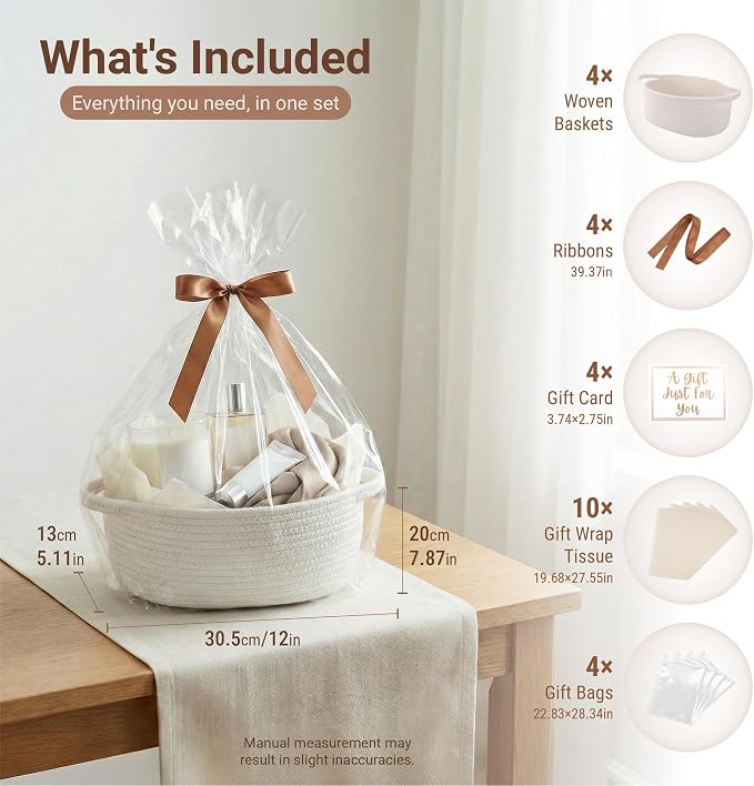 VIRETH HAUS 4pcs Small Woven Baskets with Gift Bags, Ribbons & Wrap Papers | Gift Baskets Empty to Fill for Valentines, Baby Shower, Easter, Christmas Day, Decorative Storage Bins for Toys & Home - Image 2