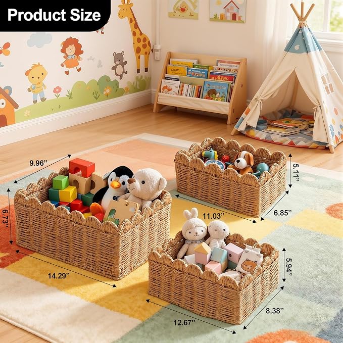3 Pcs Wicker Baskets for Organizing,Scalloped Baskets, Hand-woven Wicker Storage Cubes, Paper Rope Shelf Baskets for Organizing and Decoration,Brown Basket - Image 2