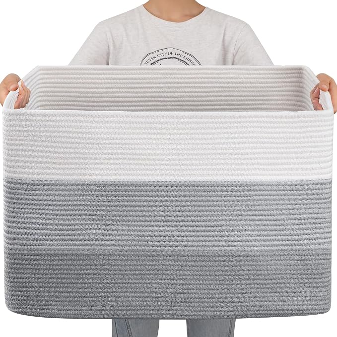OIAHOMY 108L Super Large Blanket Basket, 25”x16”x16”(108L) Rectangle Woven Baskets for Storage, Cotton Rope Basket For Living Room, Toy Storage with Handle - Gradient Grey | Rectangle Woven Baskets for Storage Cotton Rope Basket For Living Room Toy Sto... by MasterofSpaceOptimization