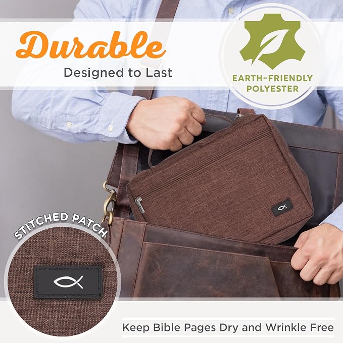 Christian Art Gifts Polyester Bible Cover for Men & Women w/Jesus Fish Patch, Secure Zipper Pocket, Pen Loops, Easy Carry Book Case for Stationery, Accessories, Brown, Large - Image 3