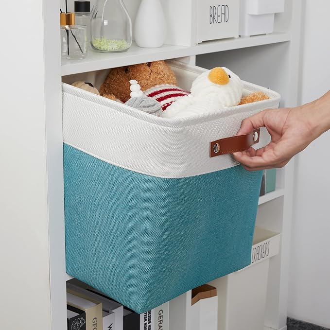 DULLEMELO Storage Bins for Organizing,Closet Storage Baskets for Gift Empty,Large Linen Canvas Storage Bins with Handles for Home Office Toys Shelves(White&Teal, 13 inch Cube) - Image 6