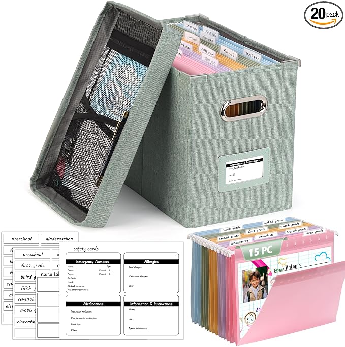 DOSTATNI School Years Organizer Kit K-12 School Years Memory Keeper with 15 Hanging File Folders Plastic 4 different Labels Memory Keepsake Box for kids Storage Pictures File Keeper (Green) by DOSTATNI