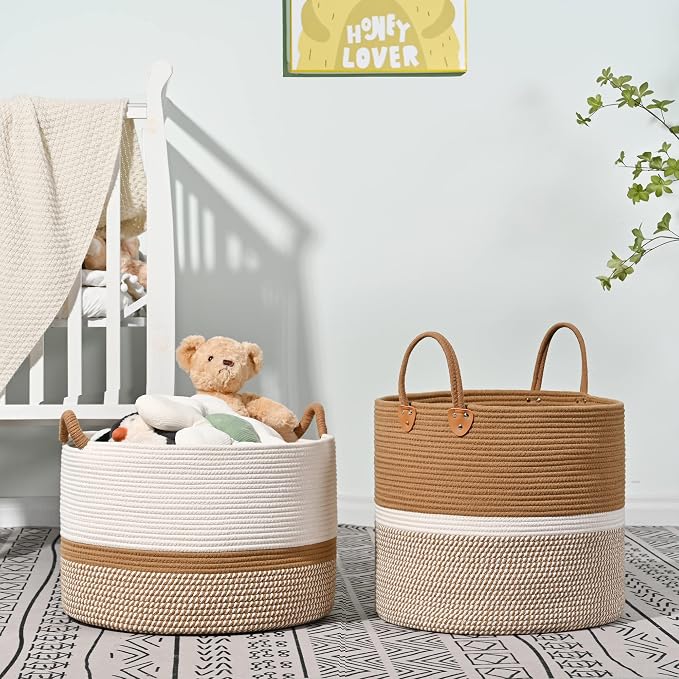 KAKAMAY Large Blanket Basket (18"x18"x16"),Woven Baby Laundry Hamper for Storage, Cotton Rope Blankets Baskets for Nursery, Laundry, Living Room, Pillows, Baby Toy chest with Handles (Brown) - Image 6