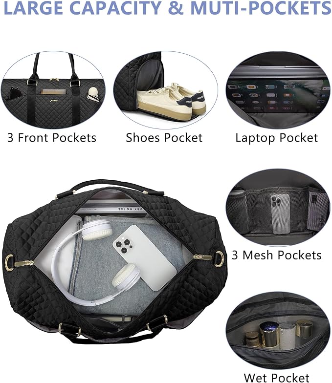 Women Weekender Travel Duffle Bag: Travel Duffel Overnight Bags with Shoe Compartment Large Carry on Tote with 2 Toiletry Bags Weekend Traveling Yoga Gym Hospital Bag for Womens with Wet Pocket Black - Image 4