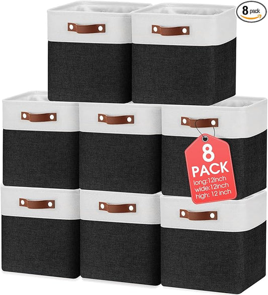 Uiifan 8 Pack 12 x 12 x 12 Inch Large Storage Baskets Collapsible Fabric Storage Cubes Bins with Handles for Shelves Closets Nursery Home Clothes Toys Organizers, Black by Uiifan