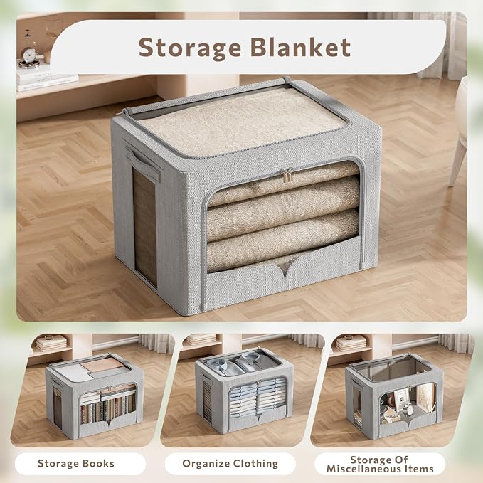 FHSQX 3 Pack Clothes Storage Bins with Metal Frame-36L | 15.7x11.8x11.8inch,Portable, Large Clear Window, Stackable, Durable Handles, Foldable, Linen Fabric - Image 2