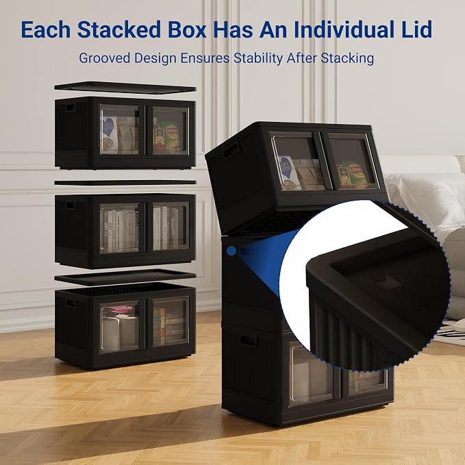 FLEXIMOUNTS 304 QT Stackable Plastic Storage Bins With Lids, Black | Collapsible Foldable Storage Bins with Front Doors and Built-in Wheels, Organizers and Storage for Home, Dorm, 4 Pack Cubes - Image 4