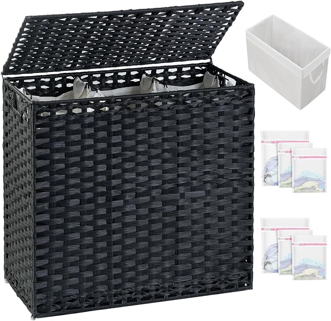 SETVSON Laundry Hamper with Lid Laundry Basket 35 Gal PE Rattan, Black | Large Family Clothes Sorter Trunk with Lid, 4 Compartment Washable Liners, 6 Mesh Bags, Collapsible Steel Frame by SETVSON