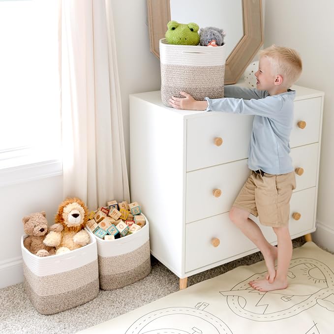 NaturalCozy 13 Inch Cube Storage Bins Cotton Rope Woven Baskets for Organizing 3-Pack | 13 x 13 Storage Cubes | Fabric Square Storage Baskets for Shelves Organizer, Kids Toy Bins, Closet Baby Nursery - Image 8