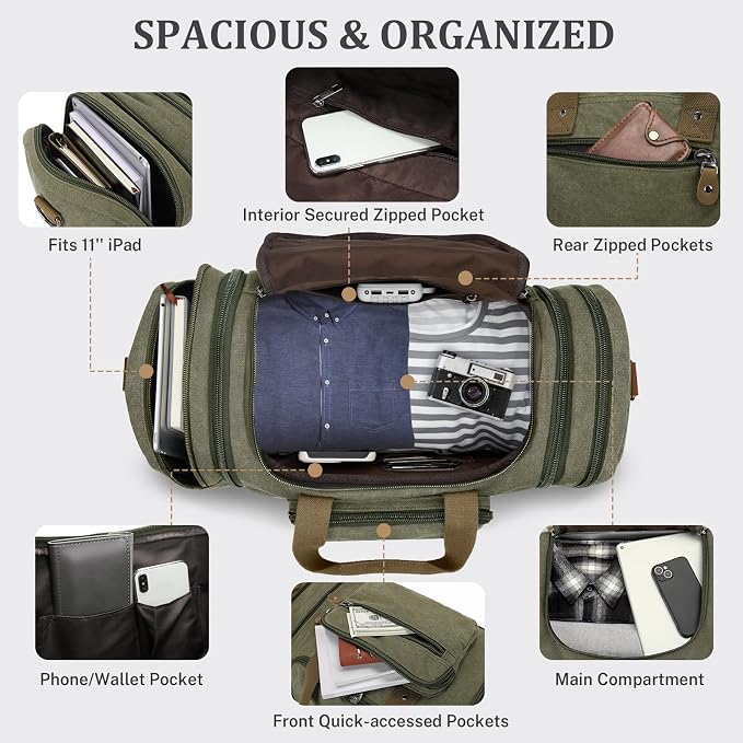 Gonex Canvas Duffle Bag, Expandable 60L Travel Overnight Weekender Bag | for Men, with Toiletry Bag, Multiple Pockets, Carry-On Size, Durable Zippers, Detachable Strap, Army Green - Image 3