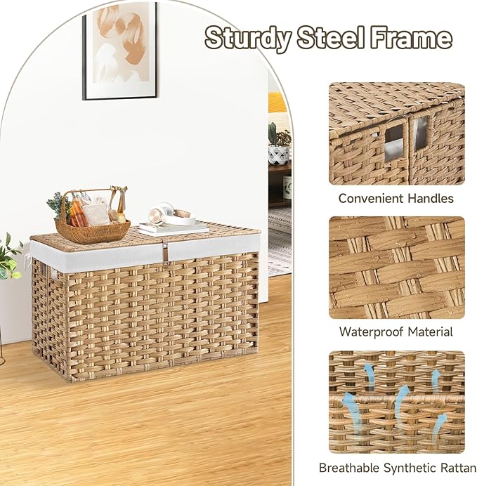 180L Wicker Storage Basket with Lid, Handwoven Rattan Large Shelf Basket with Removable Liner, 47.6 Gallon Wicker Basket for Blanket, Storage Trunk with Handle for Closet, Bedroom, Livingroom, Natural - Image 6