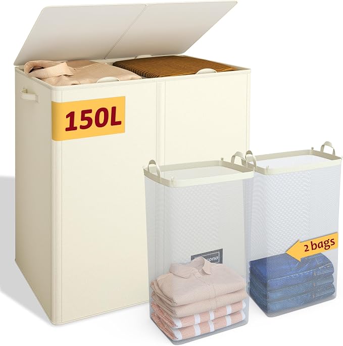 150L Laundry Hamper 2 Section, Large Laundry Hamper with Lid, Dirty Clothes Hamper with 2 Removable Inner Bags, Collapsible Laundry Basket Organizer for for Clothes Toys Towels, Hamper 2 Compartment by Vincona