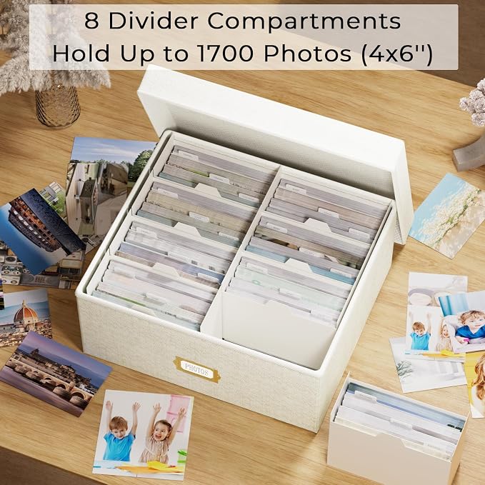 Decorative Photo Storage Box, 2 Pack Linen Photo Box Hold 1700 4x6 Pictures | Photo Storage Containers with 8 Dividers, Memory Keepsake Organizer for Photos, Scrapbook Supplies, Cards, Stamps, Beige - Image 2