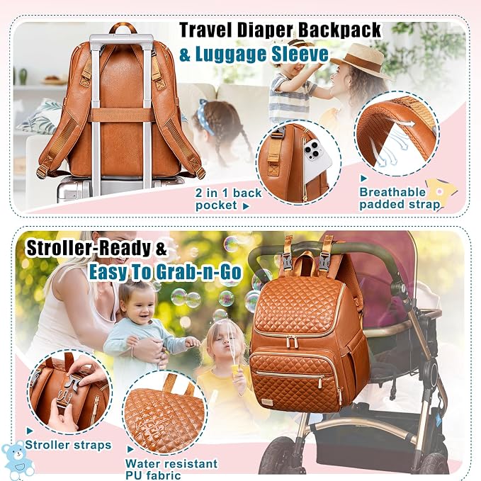 Diaper Bag Backpack Leather Baby Diaper Bag with Changing Pad Travel Diaper Backpack,Baby Bag for Mom,Stroller Straps,5 Insulated Pockets (Brown Leather) - Image 6