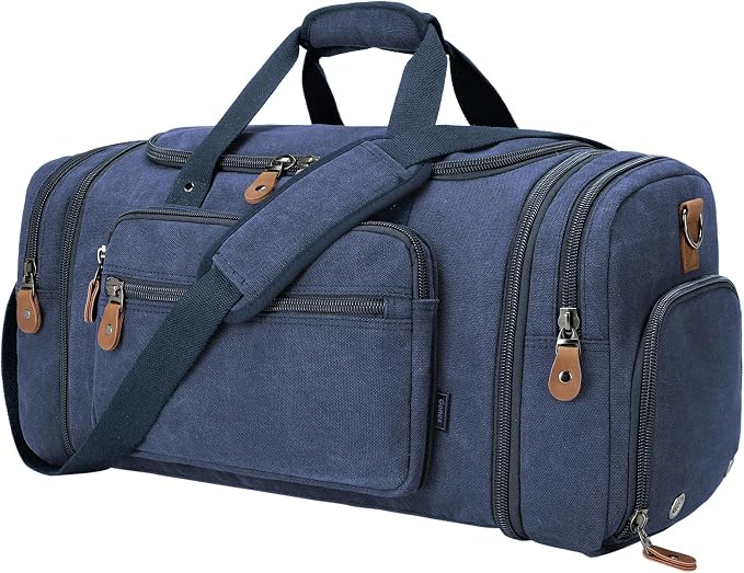 Gonex Canvas Duffle Bag, Expandable 60L Travel Overnight Weekender Bag | for Men, with Shoe Compartment, Multiple Pockets, Tear-Resistant, Durable Zippers, Detachable Strap, Blue by Gonex
