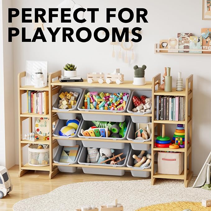 SpaceAid Large Toy Storage Organizer 9 Shelves 9 Bins, Toy Organizers Storage Bookshelf, Kids Bin Shelf Toys Box Bookcase for Bedroom Playroom Organization Room Decor, Neutral Gray - Image 5