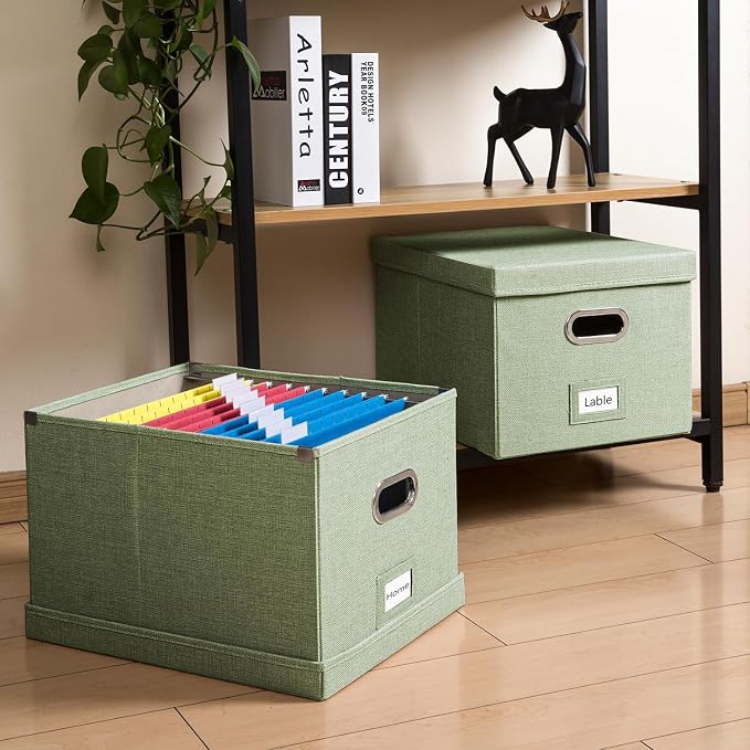 File Organizer Box - Set of 4 Collapsible Decorative Linen Filing Storage Hanging File Folders with Lids Office Cabinet Letter/Legal Size Green 17.1x14x11.1 inch - Image 2