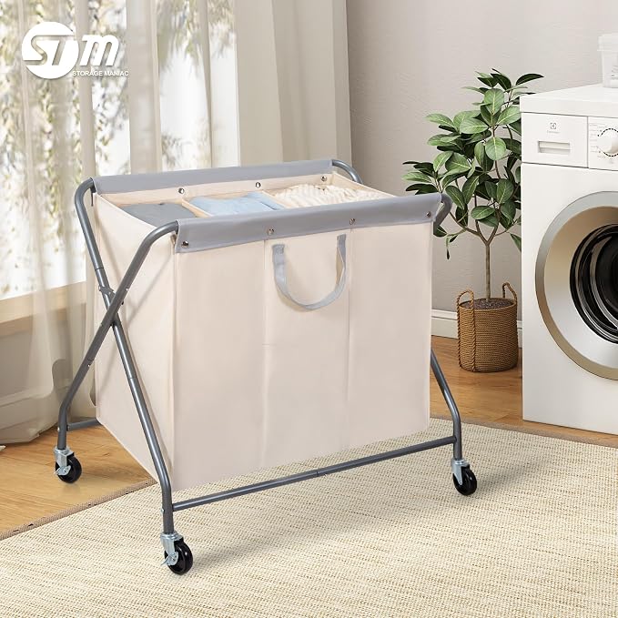 STORAGE MANIAC 160L Collapsible Laundry Hamper with Wheels, Rolling Laundry Basket, Heavy Duty Cloth Sorter with Removable Bag, Folding X Frame Clothes Organizer Cart for Easy to Store, 3 Section - Image 5