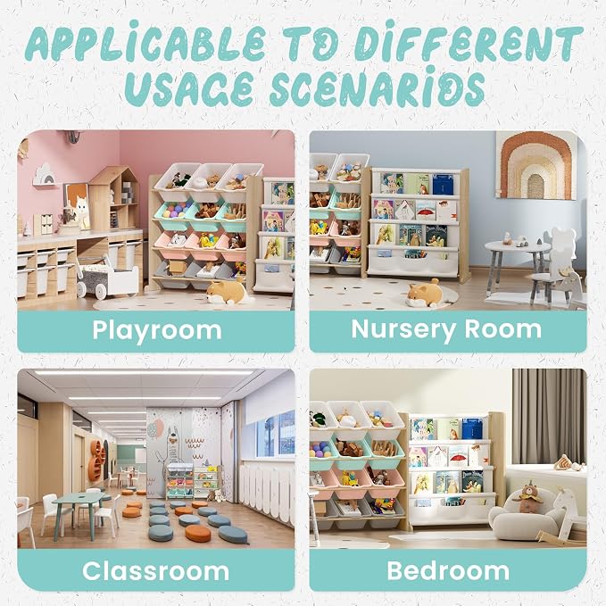 EXPERLAM Kids Toy Storage Organizer with Bookshelf - 12 Multi-Color Bins and 4 Book Shelves, Organizers and Storage for Playroom, Nursery, Room, Burlywood - Image 6