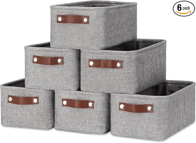 DULLEMELO Small Storage Baskets 11.8"x7.9"x5.1", Fabric Storage Bins for Shelves,Closets,Nursery,Home,Office [3 Pack], Collapsible Storage Baskets with Leather Handles (Gray) by DULLEMELO