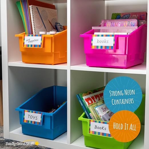 Really Good Stuff Chapter Book Classroom Library Bins with Dividers -4 Pack | 8.75" x 13.5" x 7.75", Neon, Large Plastic Bin Organizers for Book Organization, Documents, Files, Magazines - Image 3